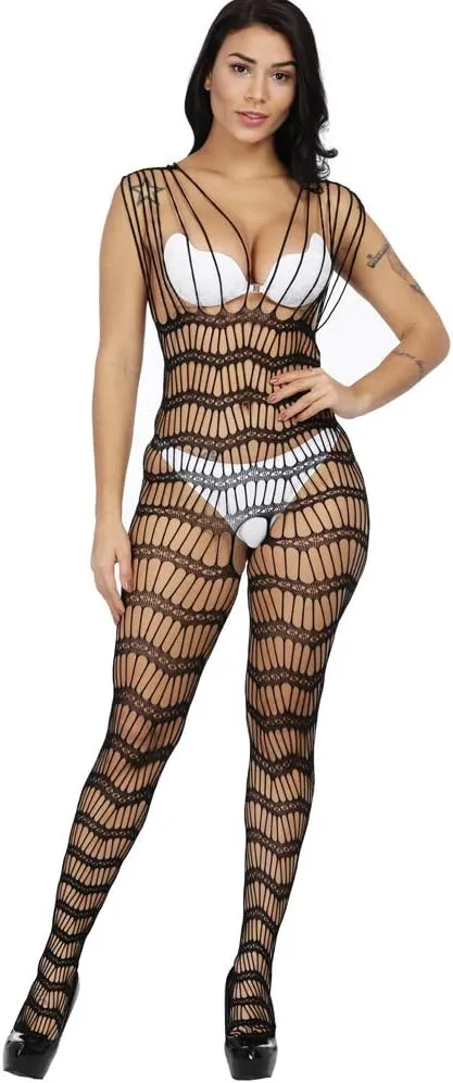 2 Pack Womens One Size Fishnet Bodystockings Striped Lingerie Crotchless Bodysuits Tights Suspenders Black