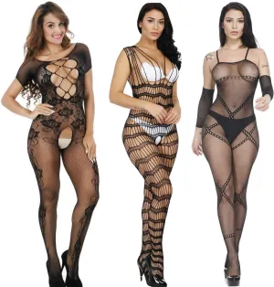 2 Pack Womens One Size Fishnet Bodystockings Striped Lingerie Crotchless Bodysuits Tights Suspenders Black