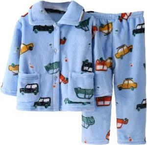 2 Piece Boys' Fleece Flannel ajama Set Kids Toddler Baby Winter Warm leepwear Cartoon Label Button Down Top Pants