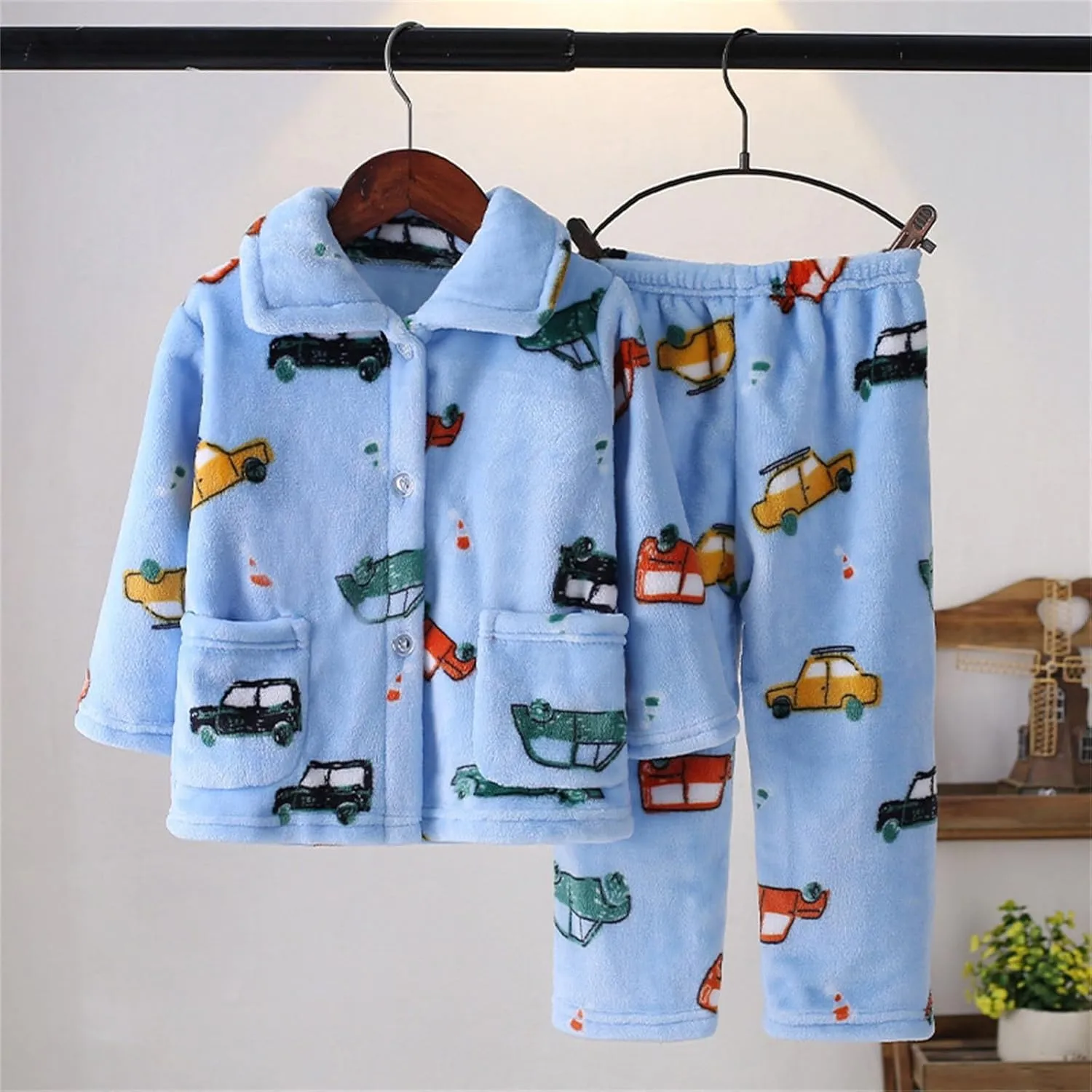2 Piece Boys' Fleece Flannel ajama Set Kids Toddler Baby Winter Warm leepwear Cartoon Label Button Down Top Pants
