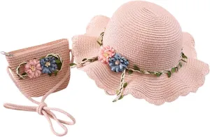 2 to 8 Age Girls Stra𝐰 Sun Hat Flower Beach Tourism Hat with Bag Summer Outdoor Wide Brim Bucket Hats for