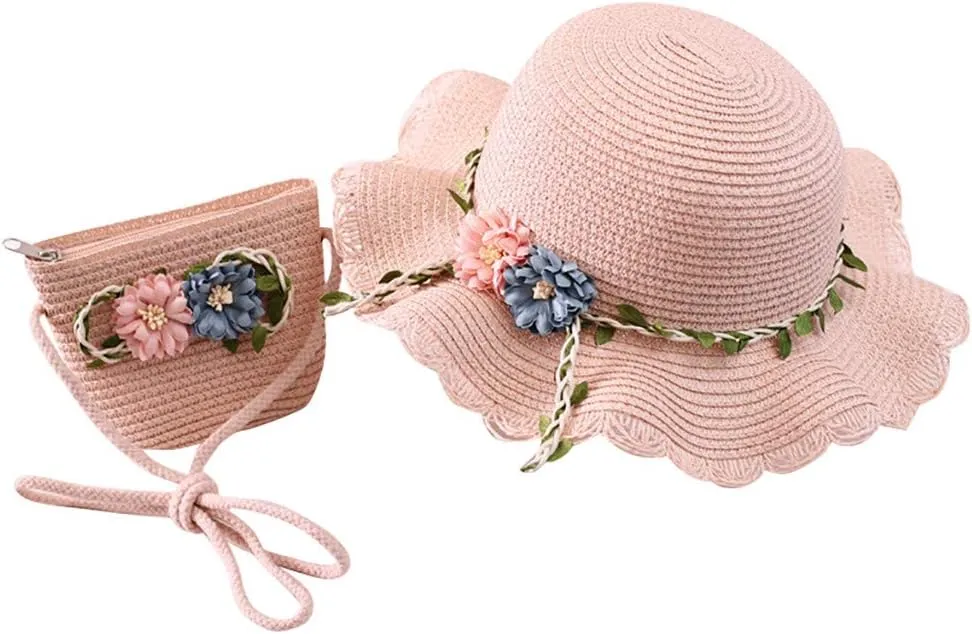 2 to 8 Age Girls Stra𝐰 Sun Hat Flower Beach Tourism Hat with Bag Summer Outdoor Wide Brim Bucket Hats for