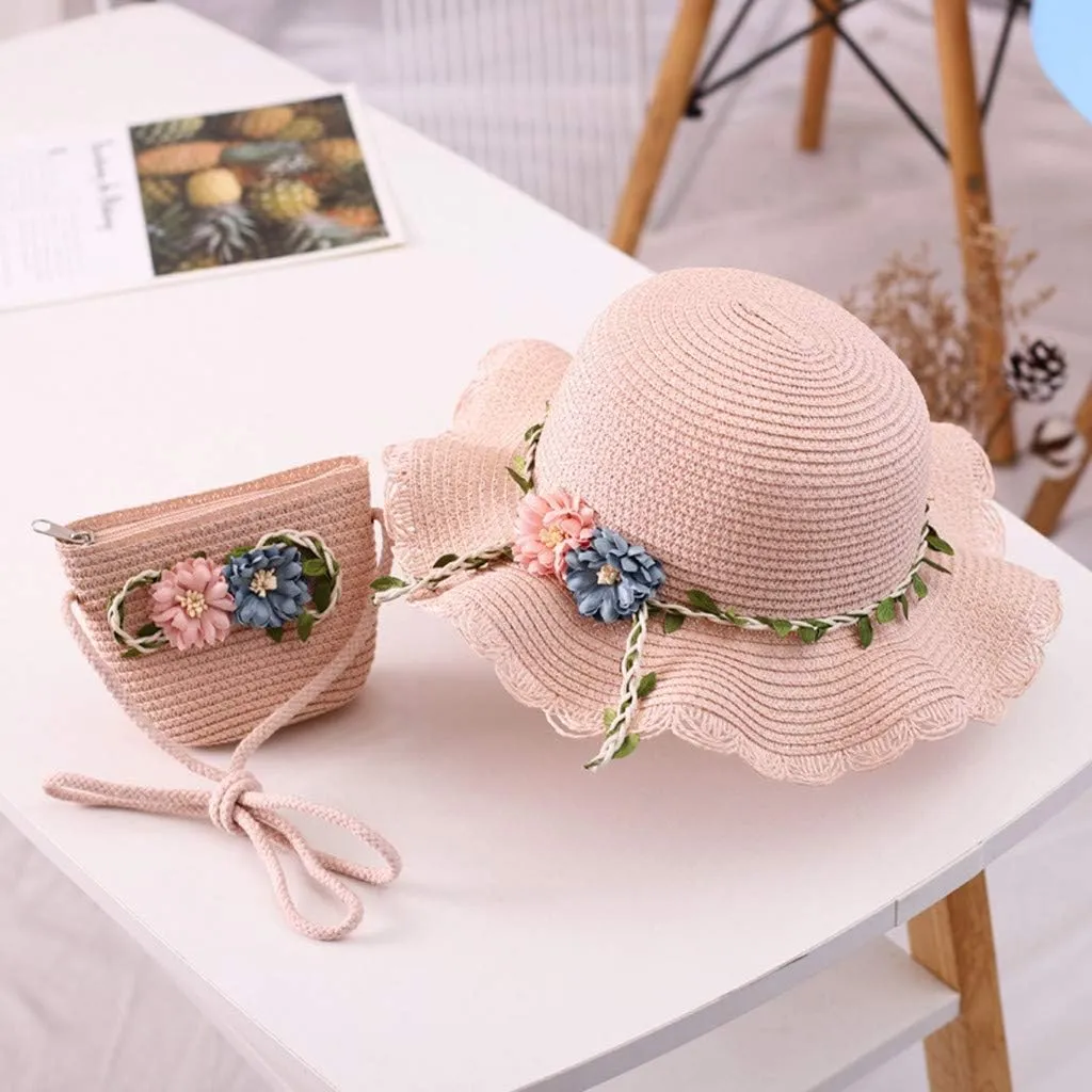 2 to 8 Age Girls Stra𝐰 Sun Hat Flower Beach Tourism Hat with Bag Summer Outdoor Wide Brim Bucket Hats for