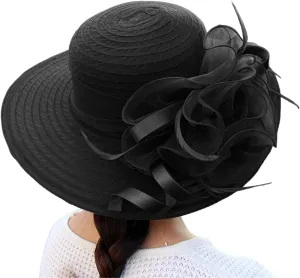 2025 Derby Hats for Women Girls Ladies, Organza Flower Wide Brim Church Tea Party Wedding Fascinator Sun Hat