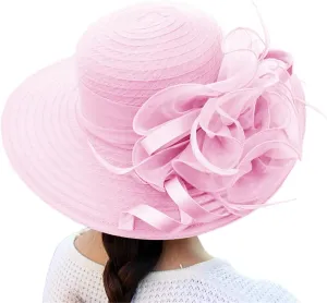 2025 Derby Hats for Women Girls Ladies, Organza Flower Wide Brim Church Tea Party Wedding Fascinator Sun Hat