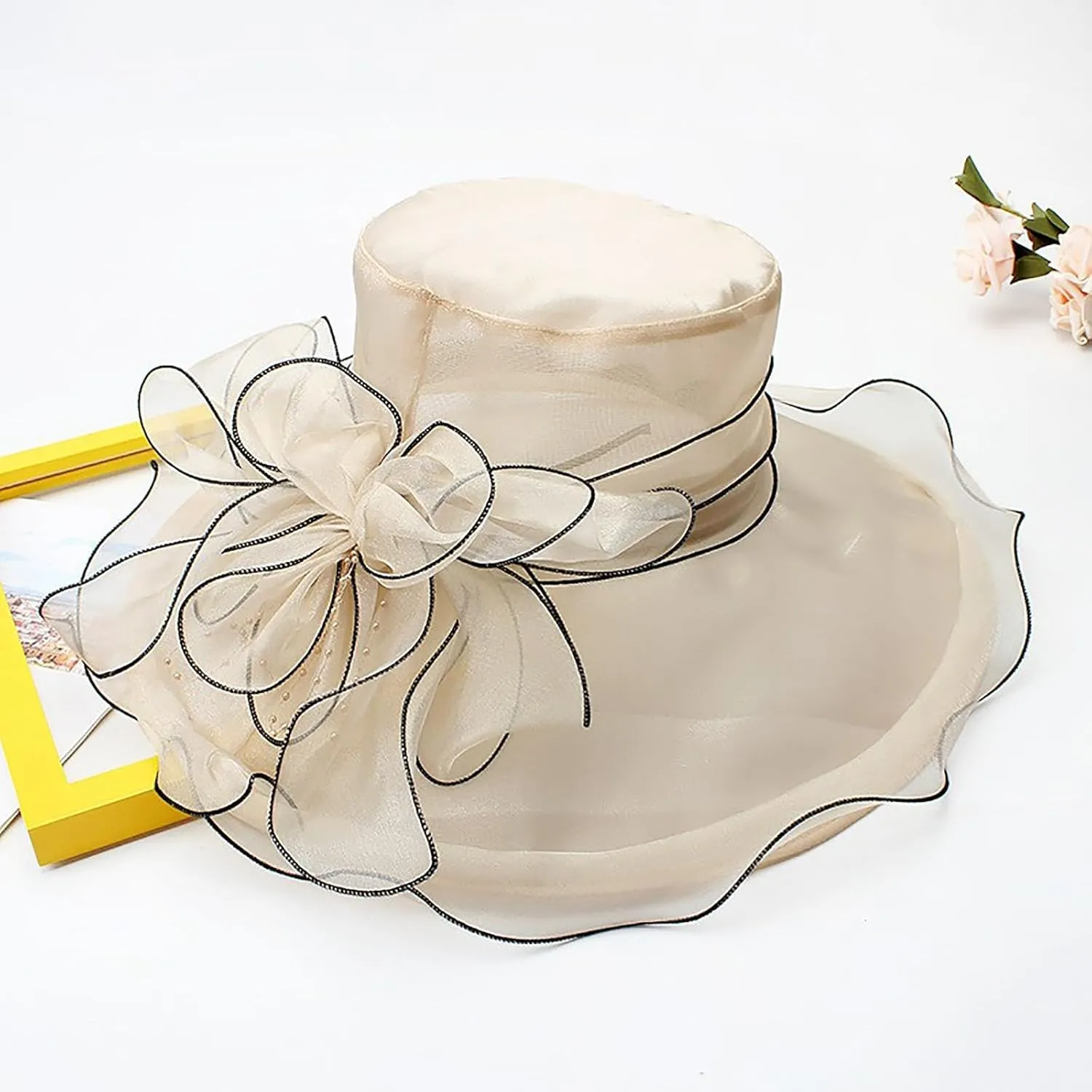 2025 Derby Hats for Women Girls Ladies, Organza Flower Wide Brim Church Tea Party Wedding Fascinator Sun Hat