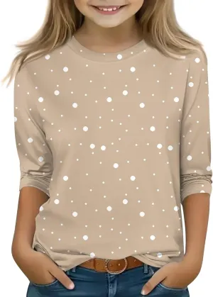 3/4 Sleeve Shirts for Teen Girls Crewneck Cotton T-Shirt Polka Dots Cute Summer Tops Kids Blouses Trendy Preppy Clothes