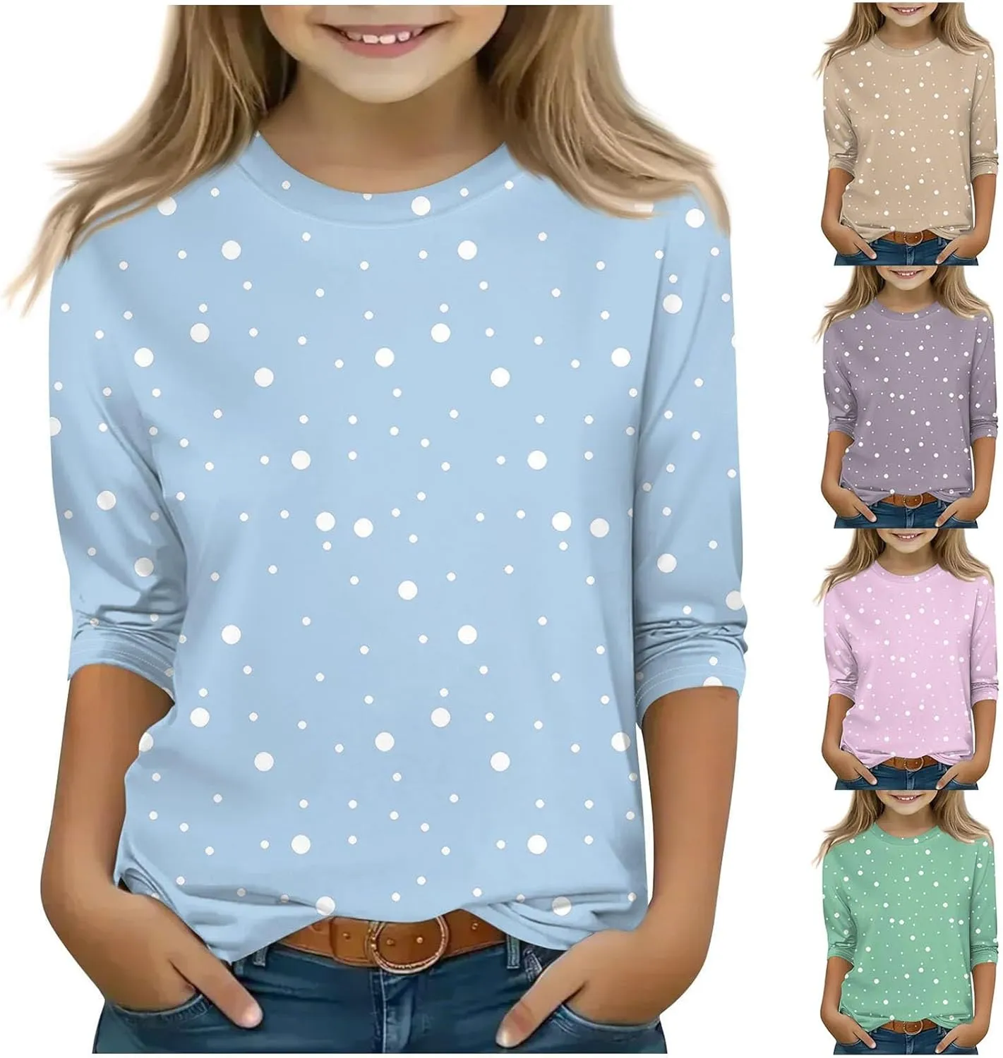 3/4 Sleeve Shirts for Teen Girls Crewneck Cotton T-Shirt Polka Dots Cute Summer Tops Kids Blouses Trendy Preppy Clothes