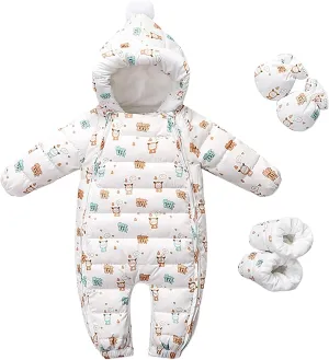 3Pcs Outfits Baby Fleece Lined Snowsuit Winter Warm Long Sleeve Hooded Jumpsuit Double Zip Up Romper Clothes