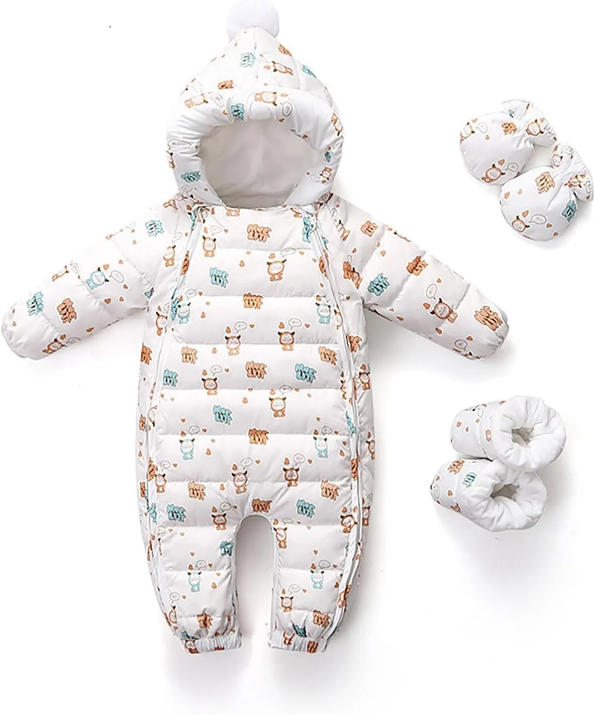 3Pcs Outfits Baby Fleece Lined Snowsuit Winter Warm Long Sleeve Hooded Jumpsuit Double Zip Up Romper Clothes