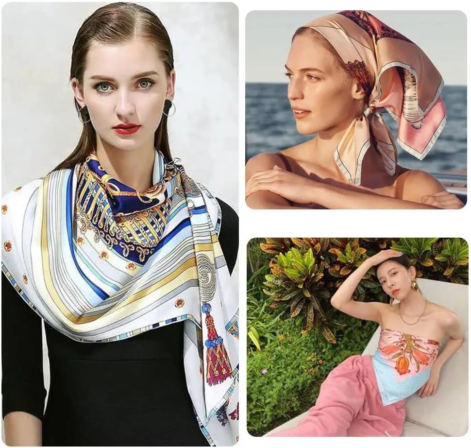 4Pcs Silk Head Scarves for Women Satin Hair Scarf 35”Large Square Bandana Silk Like Neck Scarf Shawl