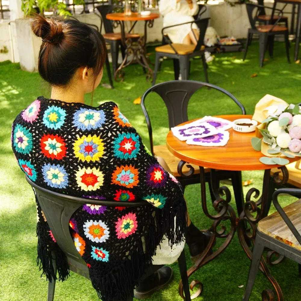 62x30in Handmade Crochet Fringed Poncho Cape Shawls Wraps Granny Square Womens Coat Sweater