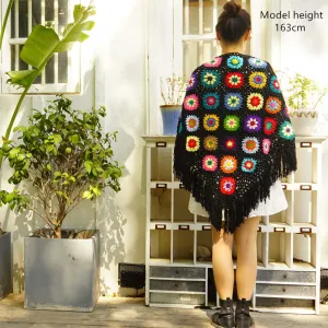 62x30in Handmade Crochet Fringed Poncho Cape Shawls Wraps Granny Square Womens Coat Sweater