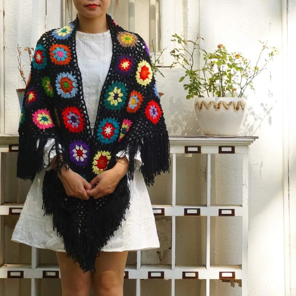 62x30in Handmade Crochet Fringed Poncho Cape Shawls Wraps Granny Square Womens Coat Sweater