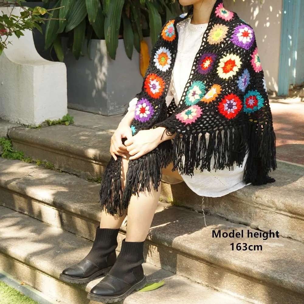 62x30in Handmade Crochet Fringed Poncho Cape Shawls Wraps Granny Square Womens Coat Sweater