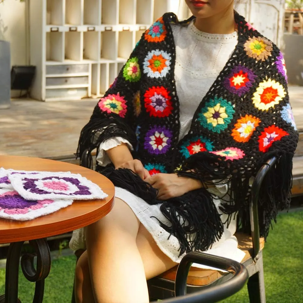 62x30in Handmade Crochet Fringed Poncho Cape Shawls Wraps Granny Square Womens Coat Sweater