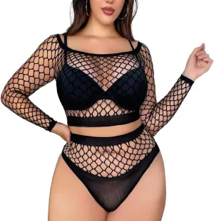 Abien Plus Size Fishnet Lingerie Black Lace Fishnet Lingerie Sets Mesh Tights Nightwear for Women 2 Pcs Suits