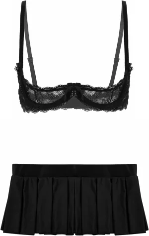 ACSUSS Women Sexy Lingerie Set Sheer Lace 1/4 Cups Push Up Underwire Bra Tops with Pleated Mini Skirt