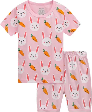 Akyzic Little Girls Summer Pajamas Kids 100% Cotton 2 Piece Pjs Toddler Girls Short Sleeve Sleepwear Clothes Sets 3-10T