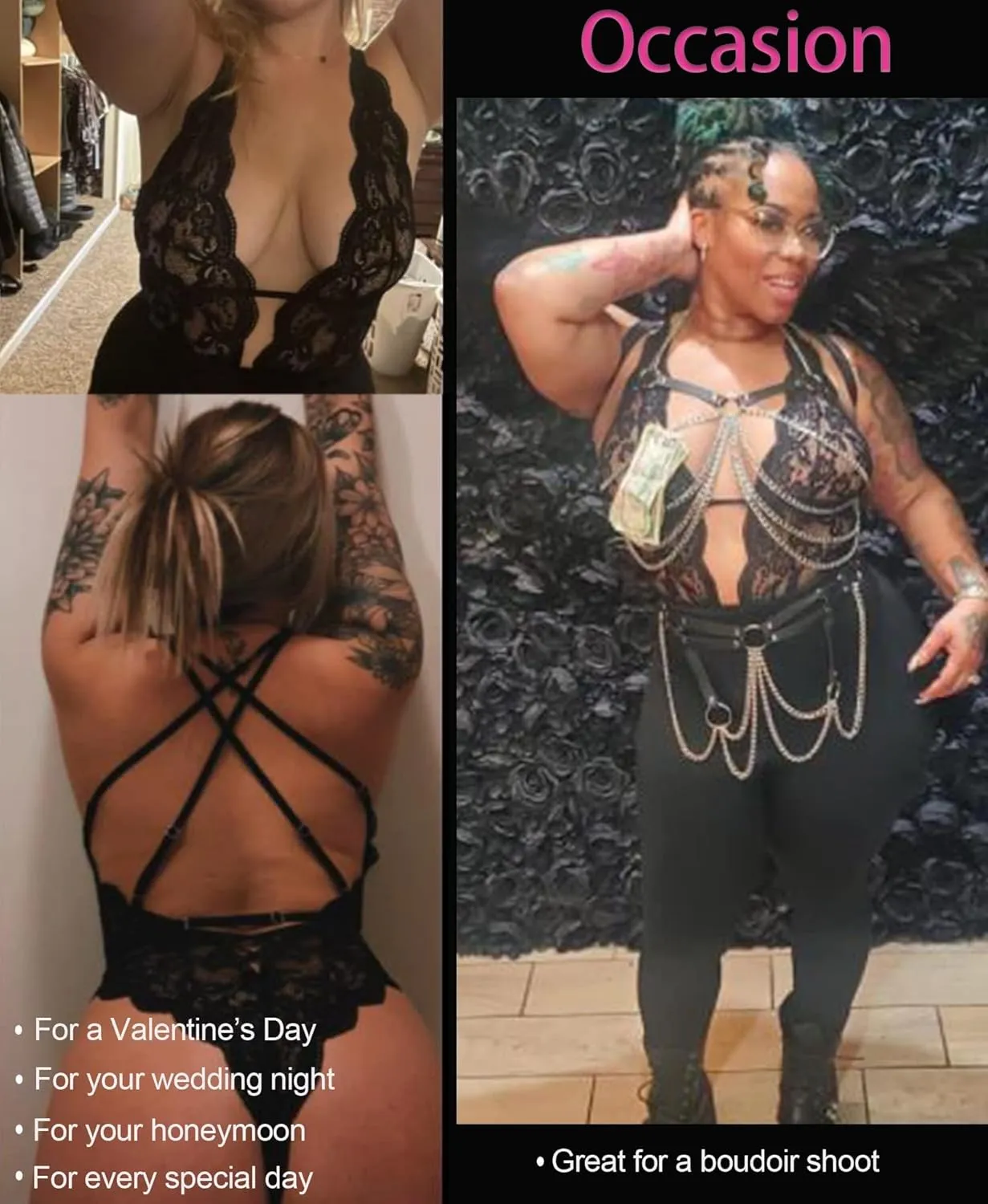 Aranmei Sexy Lingerie for Women Hollow Out Floral Lace Bodysuit One Piece Lingerie Deep V Teddy Babydoll Underwear