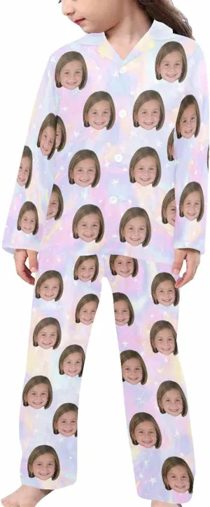 Artsadd Girls Pajamas Set Custom Face Pet Photo Long Sleeve Sleepwear Personalized Printed V-Neck Button-up Pants Nightwear