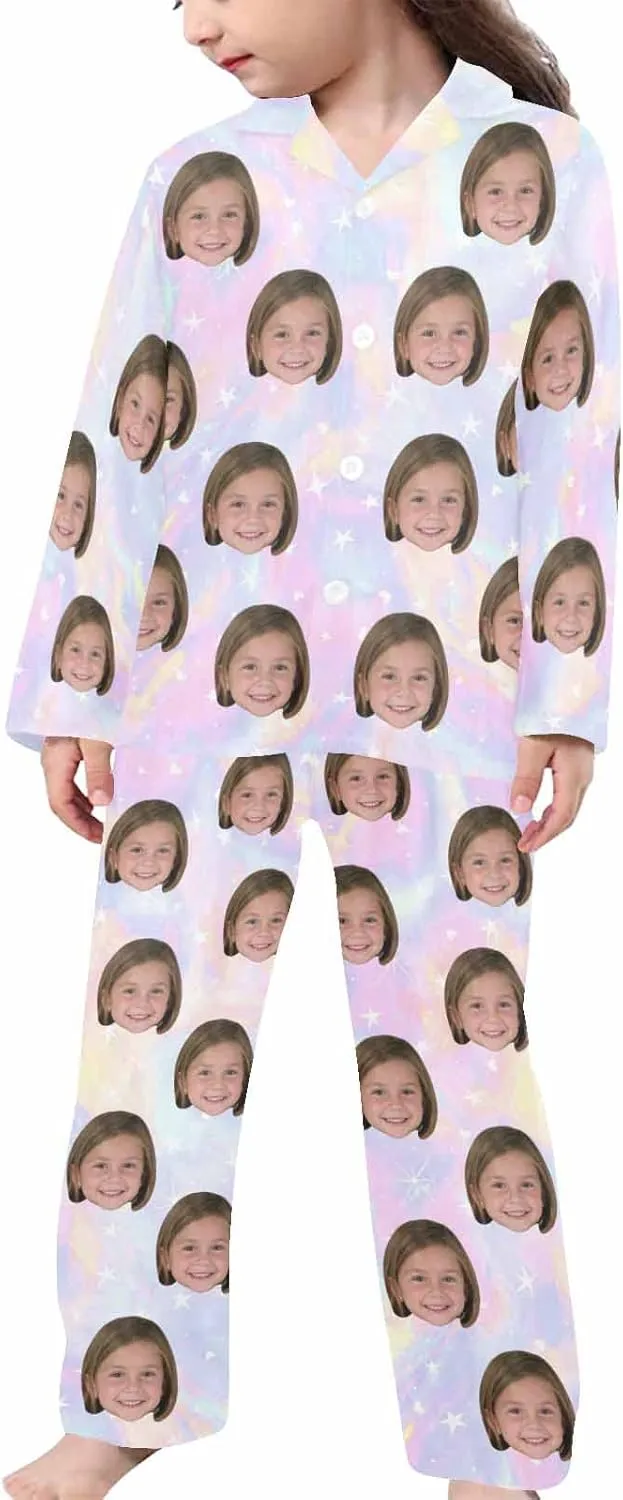 Artsadd Girls Pajamas Set Custom Face Pet Photo Long Sleeve Sleepwear Personalized Printed V-Neck Button-up Pants Nightwear