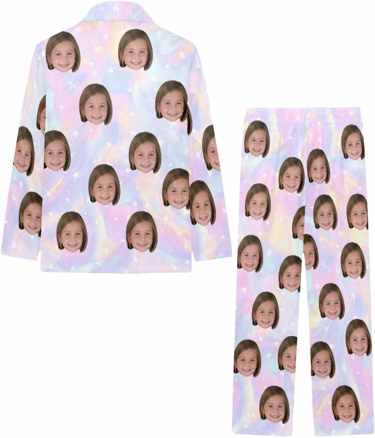 Artsadd Girls Pajamas Set Custom Face Pet Photo Long Sleeve Sleepwear Personalized Printed V-Neck Button-up Pants Nightwear