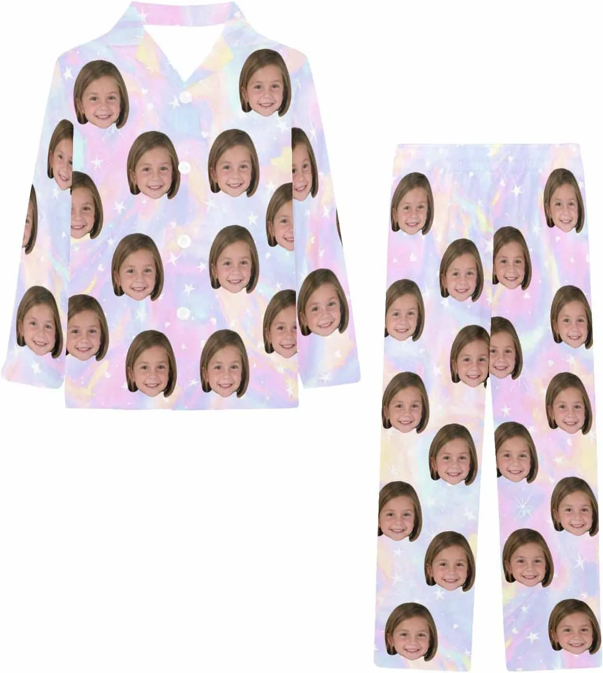 Artsadd Girls Pajamas Set Custom Face Pet Photo Long Sleeve Sleepwear Personalized Printed V-Neck Button-up Pants Nightwear