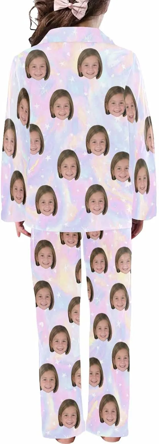 Artsadd Girls Pajamas Set Custom Face Pet Photo Long Sleeve Sleepwear Personalized Printed V-Neck Button-up Pants Nightwear