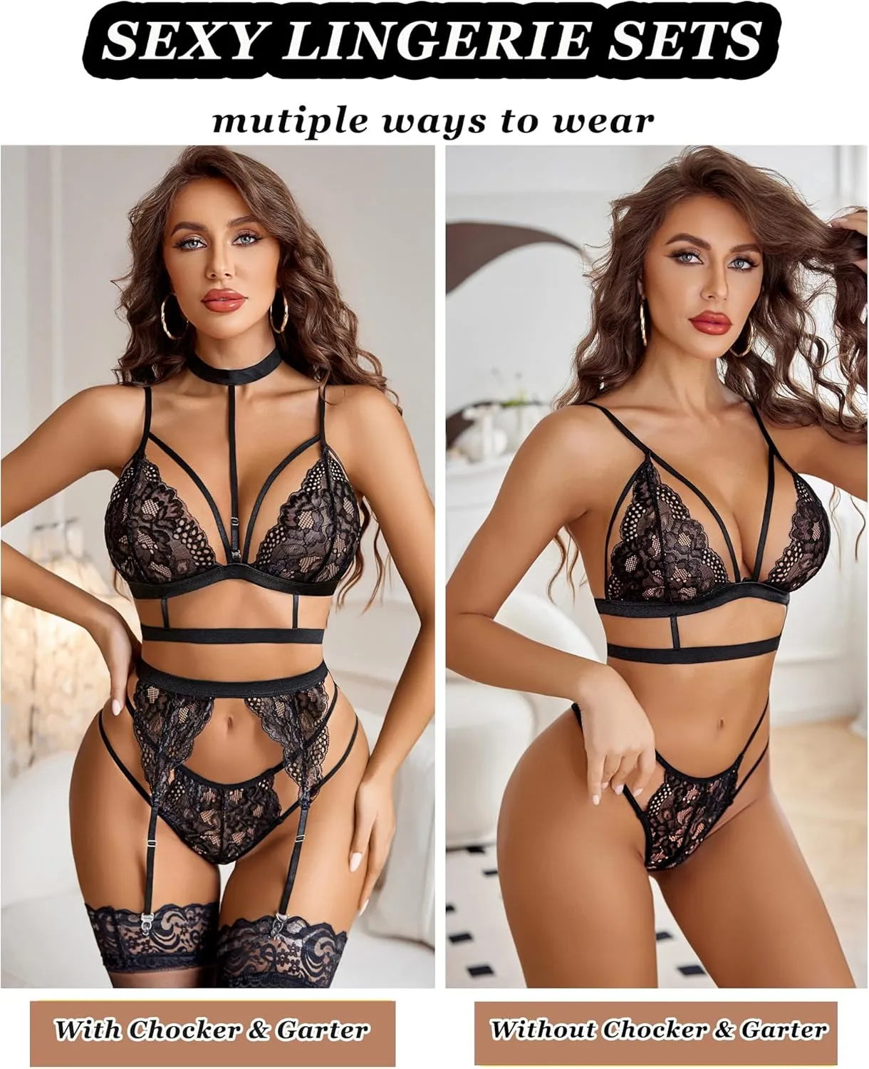 Avidlove Lace Garter Lingerie Set with Removable Choker Teddy Babydoll Strappy Bra and Panty Set (No Stockings)