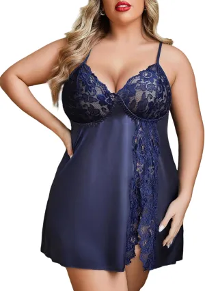 Avidlove Plus Size Lingerie For Women Sexy Satin Nightgown Lace Babydoll Side Slit Strappy Chemise Nightwear
