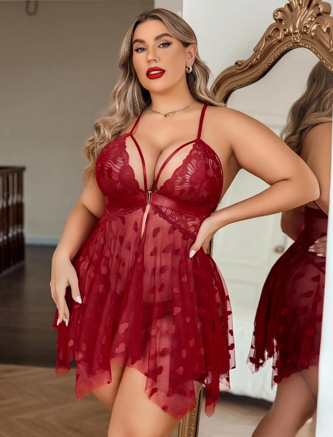 Avidlove Plus Size Lingerie Lace Babydoll Womens Teddy Chemise V Neck Nighty Mesh Sleepwear Front Slit Nightdress