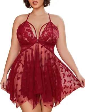 Avidlove Plus Size Lingerie Lace Babydoll Womens Teddy Chemise V Neck Nighty Mesh Sleepwear Front Slit Nightdress