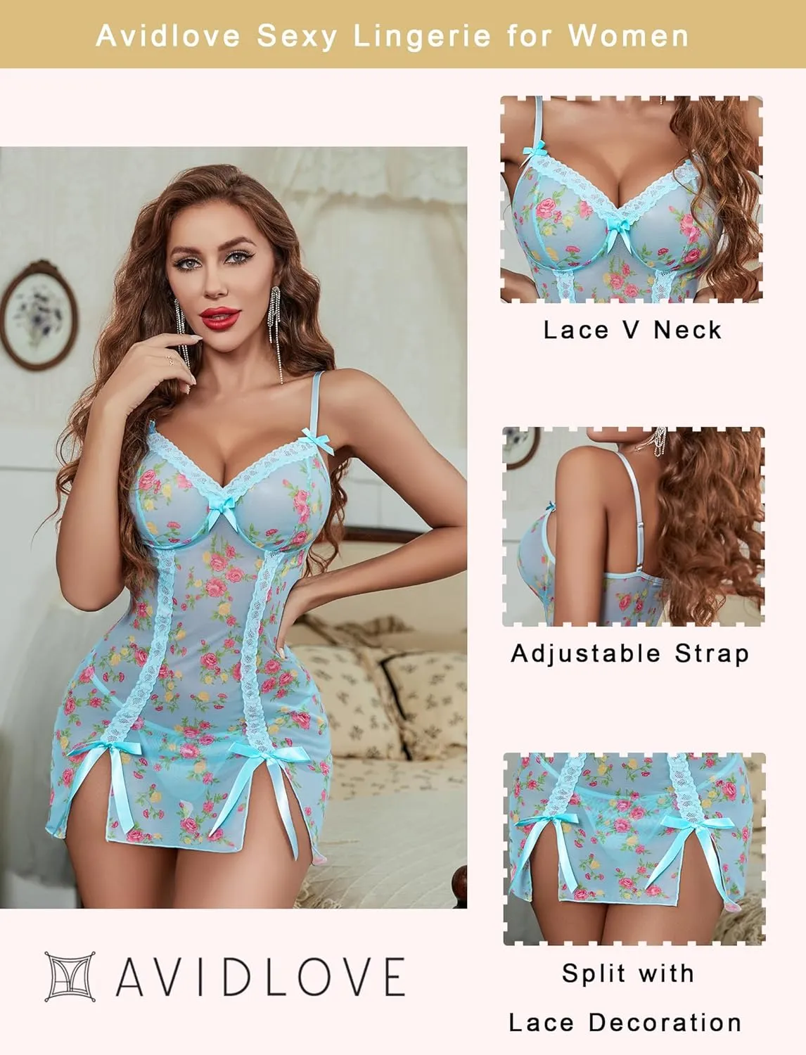 Avidlove Sexy Lingerie for Women Lace Babydoll Chemise Mesh Nightdress V Neck Nightwear Side Split Nightgown