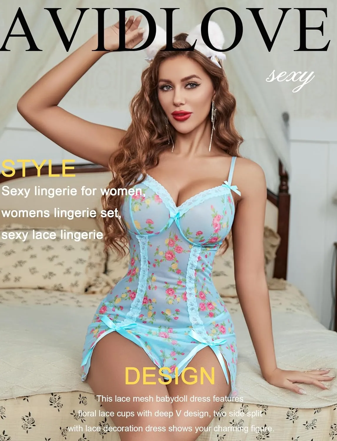 Avidlove Sexy Lingerie for Women Lace Babydoll Chemise Mesh Nightdress V Neck Nightwear Side Split Nightgown