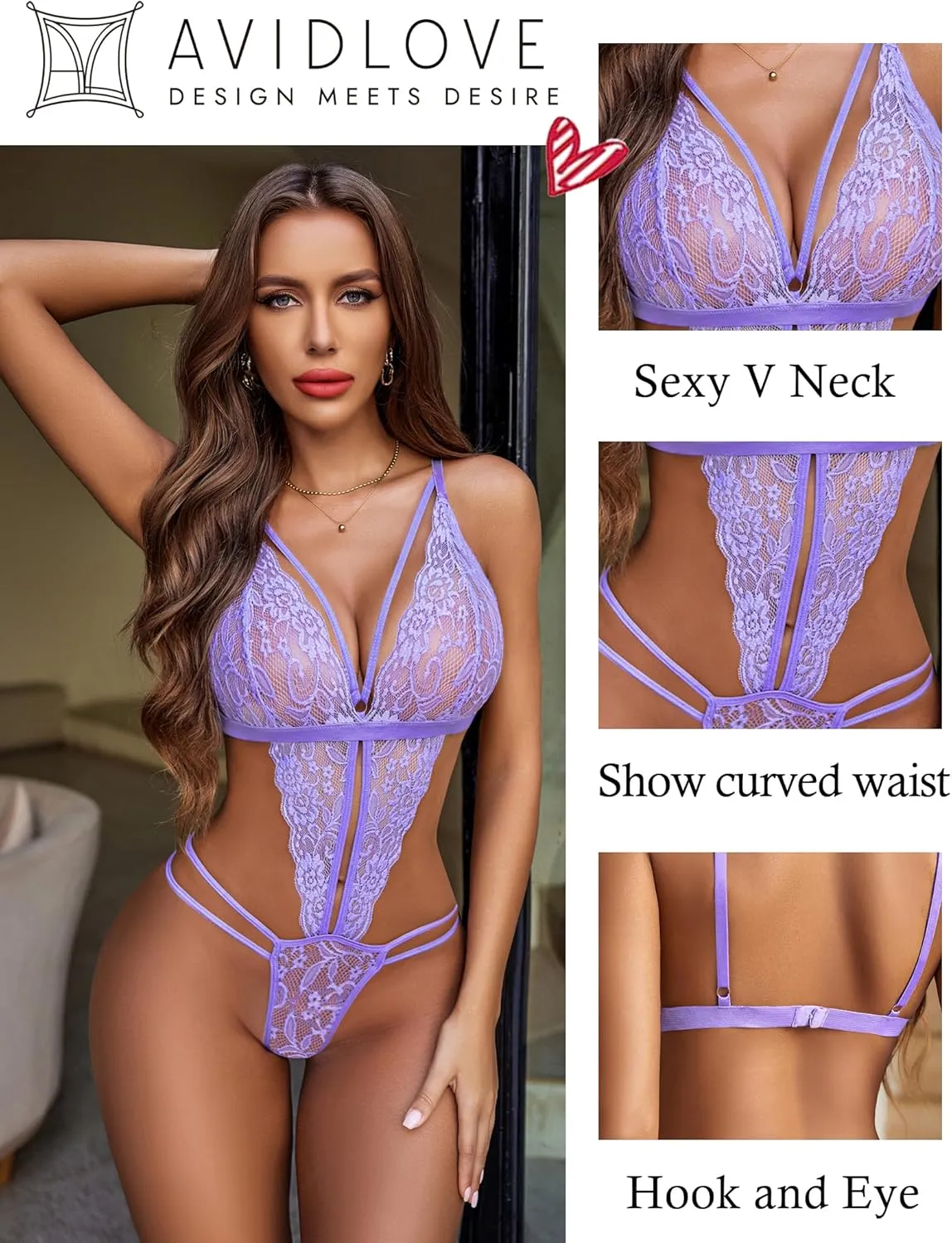 Avidlove Women One Piece Lingerie Deep V Lace Bodysuit Babydoll Teddy Underwear