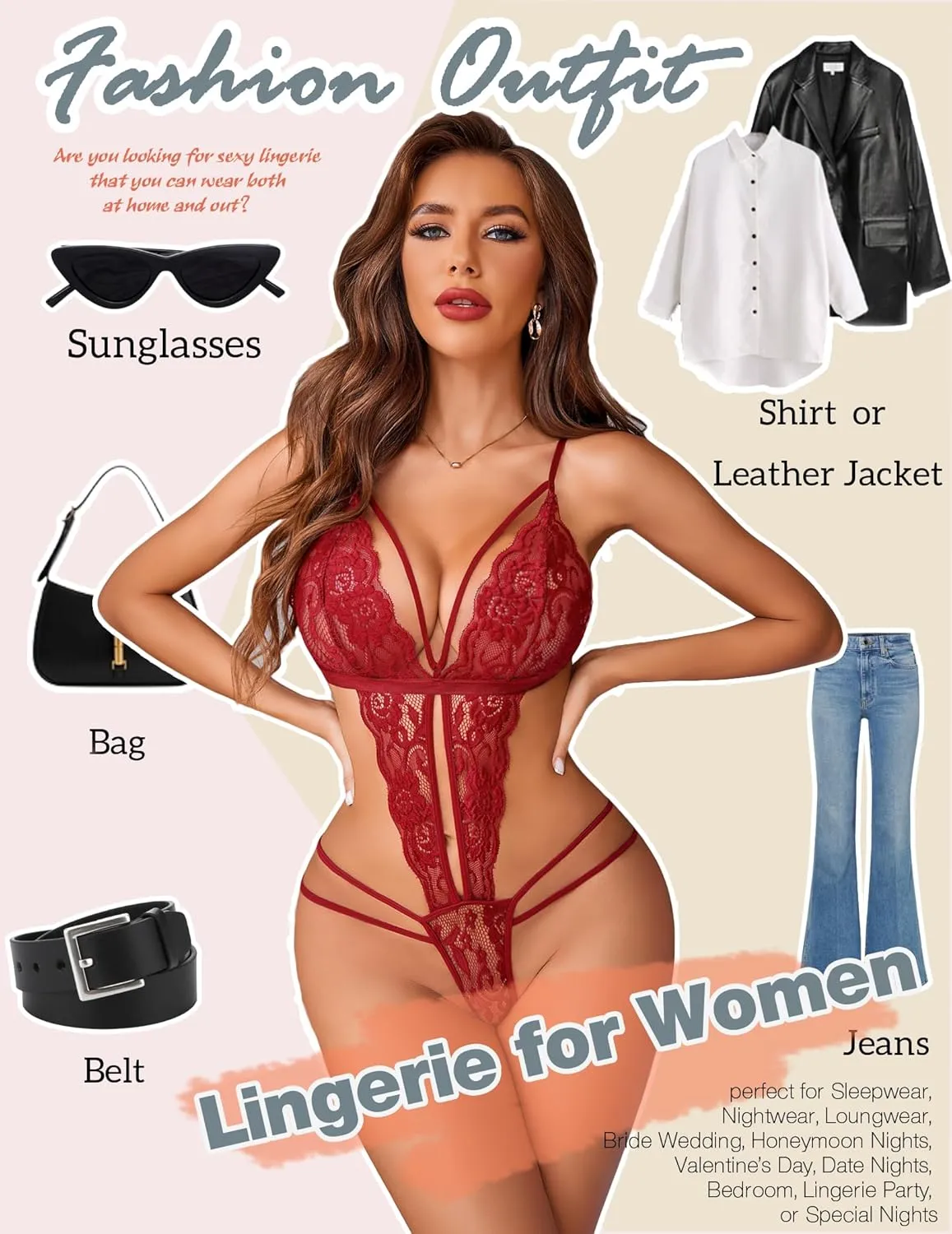 Avidlove Women One Piece Lingerie Deep V Lace Bodysuit Babydoll Teddy Underwear