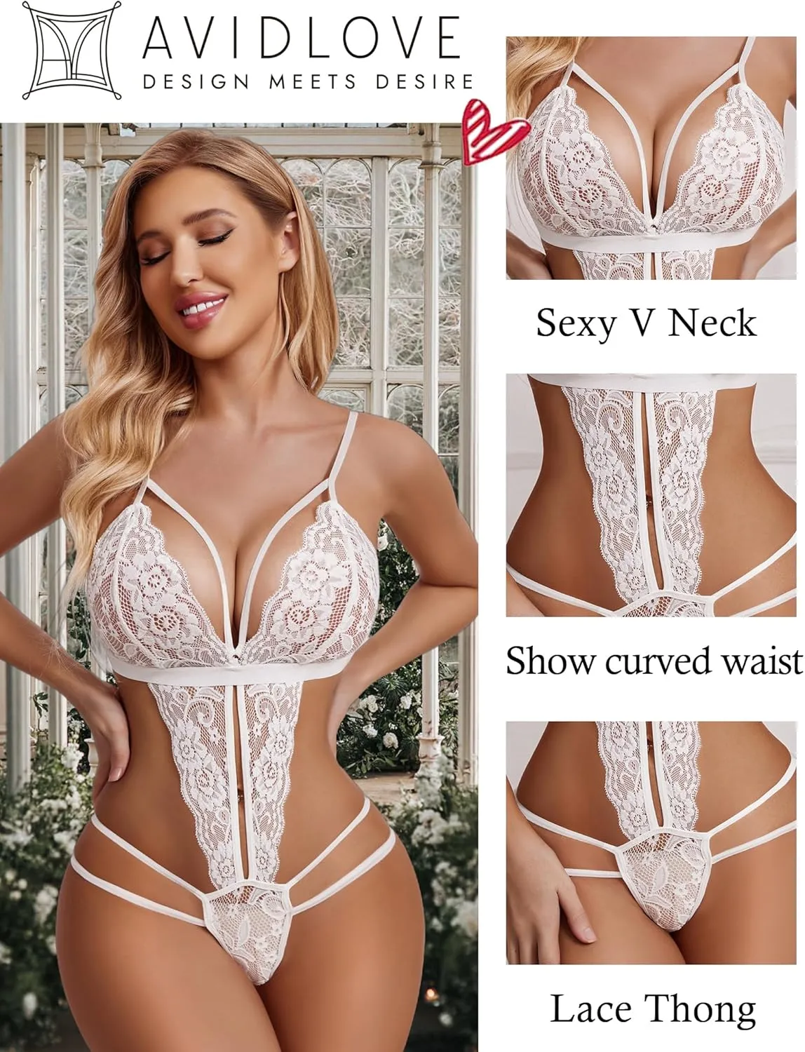 Avidlove Women One Piece Lingerie Deep V Lace Bodysuit Babydoll Teddy Underwear