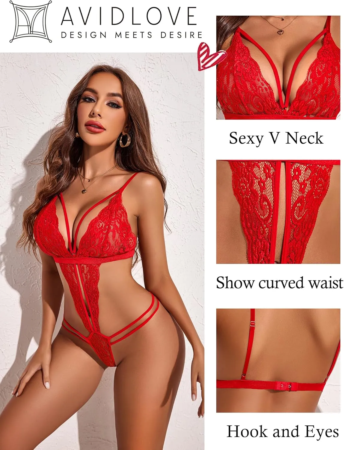 Avidlove Women One Piece Lingerie Deep V Lace Bodysuit Babydoll Teddy Underwear
