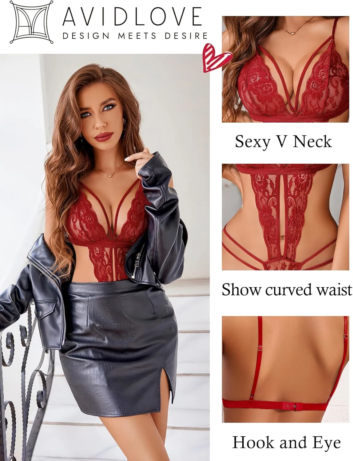 Avidlove Women One Piece Lingerie Deep V Lace Bodysuit Babydoll Teddy Underwear