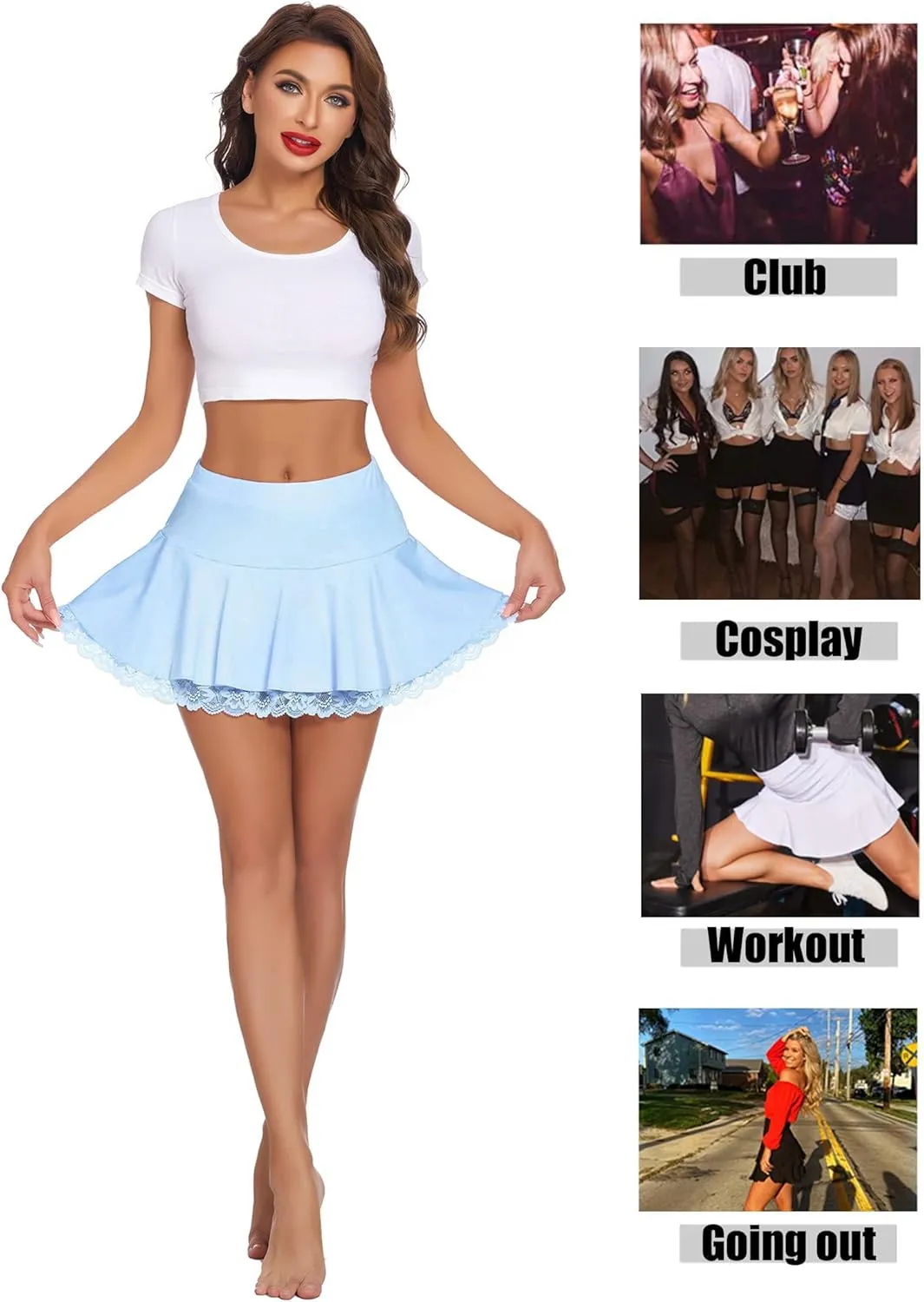 Avidlove Women Pleated Mini Skirt Sexy Lace Ruffle Solid Skirt Lingerie Short Skirts