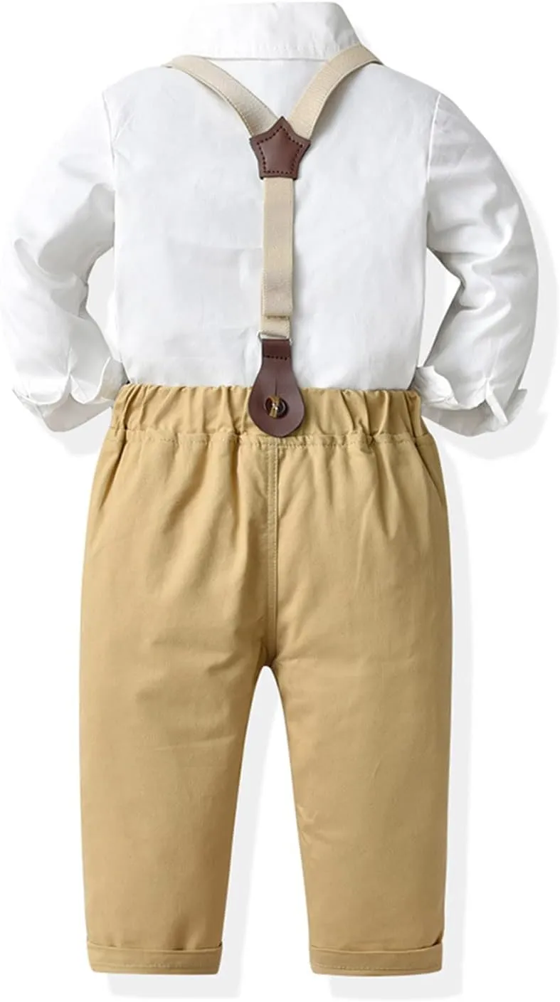 Baby Boy 4 Piece Formal Outfit Suit Gentleman Dress Shirt Waistcoat Bowtie Tuxedo RomperSuspenders Pants Hat Set for Wedding