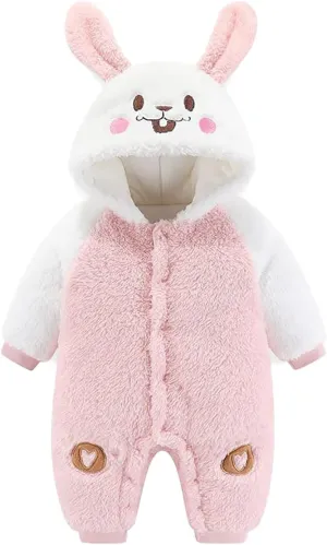 Baby Boy's Girl's Fleece Rompers Cute Bunny Shape Hooded Jumpsuit Infant Newborn Winter Thicken Warm Bodysuit