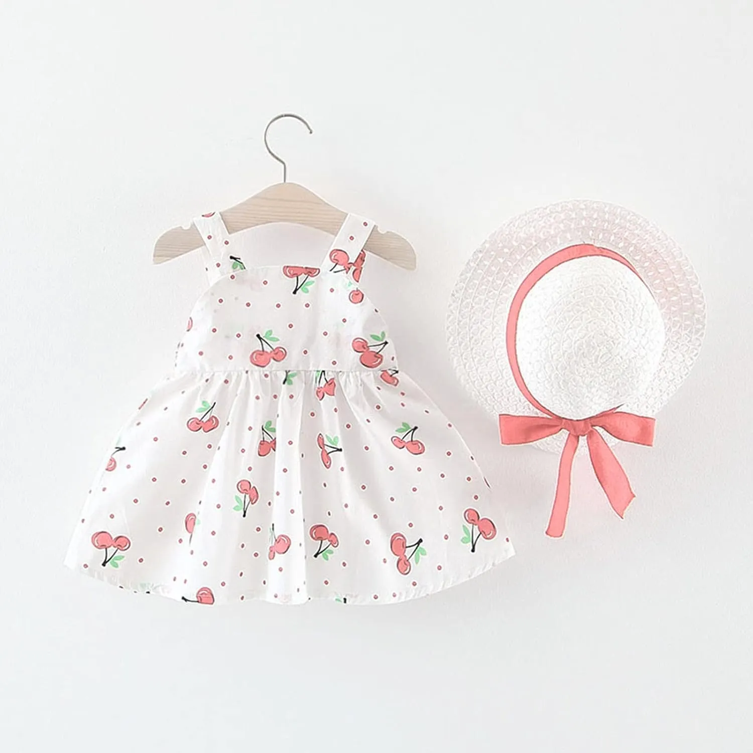 Baby Girls Summer Dresses Infrant Halter Skirt Berry Prints Bow Princess Dress Toddler Outfit with Hat 2 Piece Set