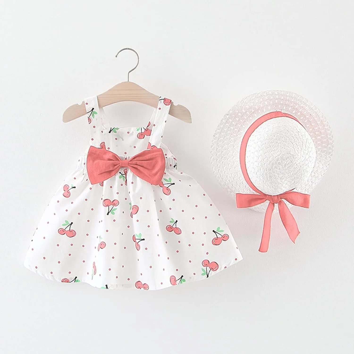 Baby Girls Summer Dresses Infrant Halter Skirt Berry Prints Bow Princess Dress Toddler Outfit with Hat 2 Piece Set