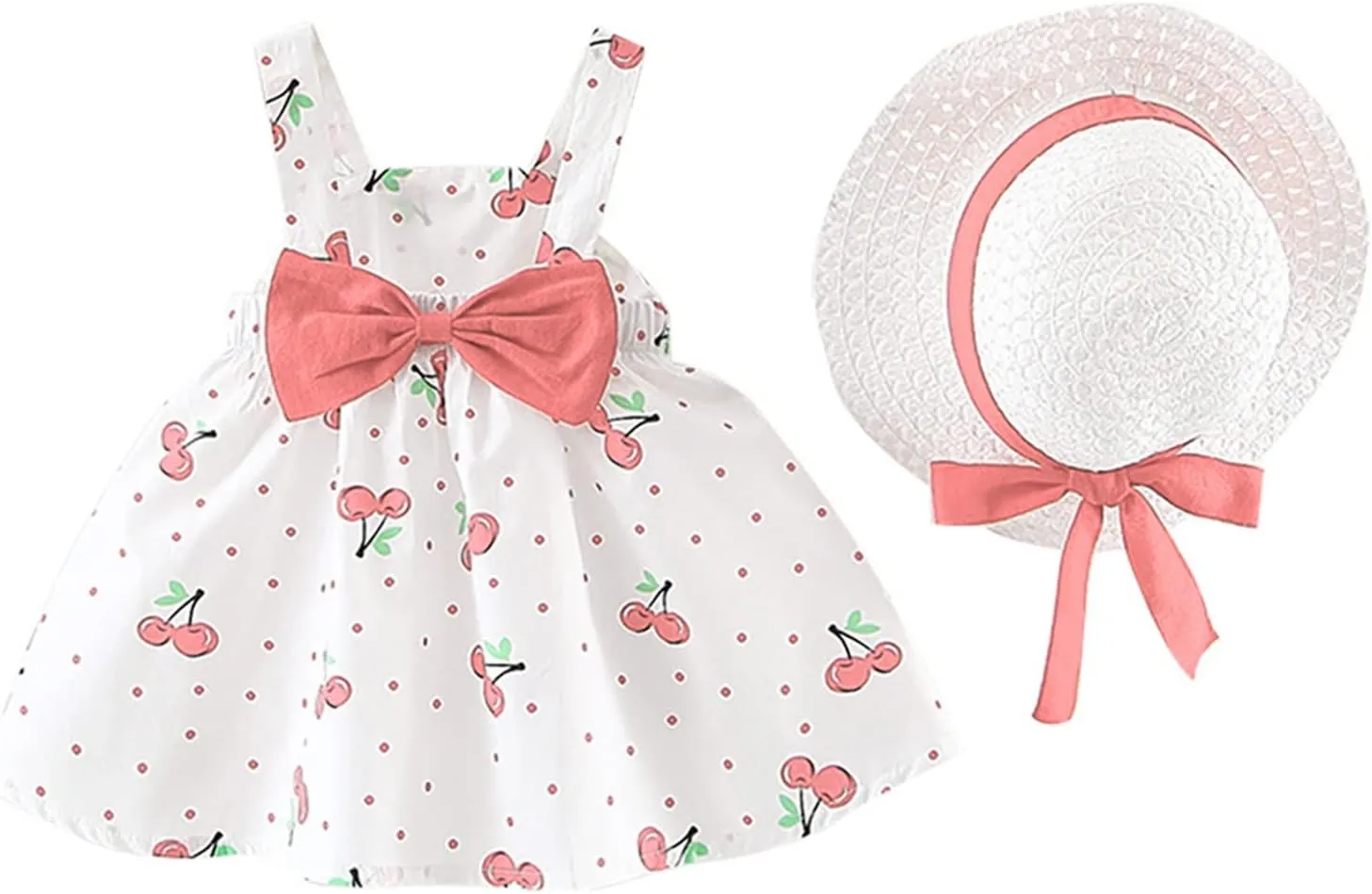 Baby Girls Summer Dresses Infrant Halter Skirt Berry Prints Bow Princess Dress Toddler Outfit with Hat 2 Piece Set