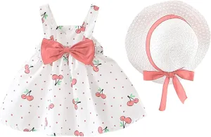 Baby Girls Summer Dresses Infrant Halter Skirt Berry Prints Bow Princess Dress Toddler Outfit with Hat 2 Piece Set