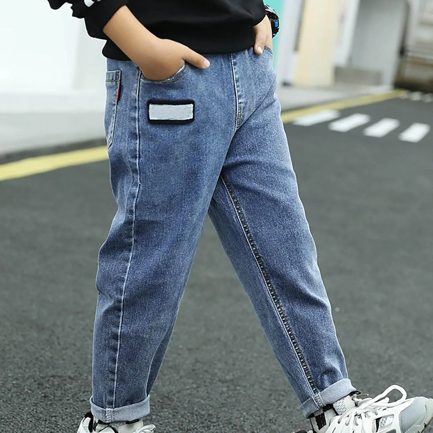 Baggy Jeans Boys Elastic Waist Y2K Straight Leg Denim Pants Toddler Loose Jeans Trousers with Pockets Kids Streetwear 4-14T