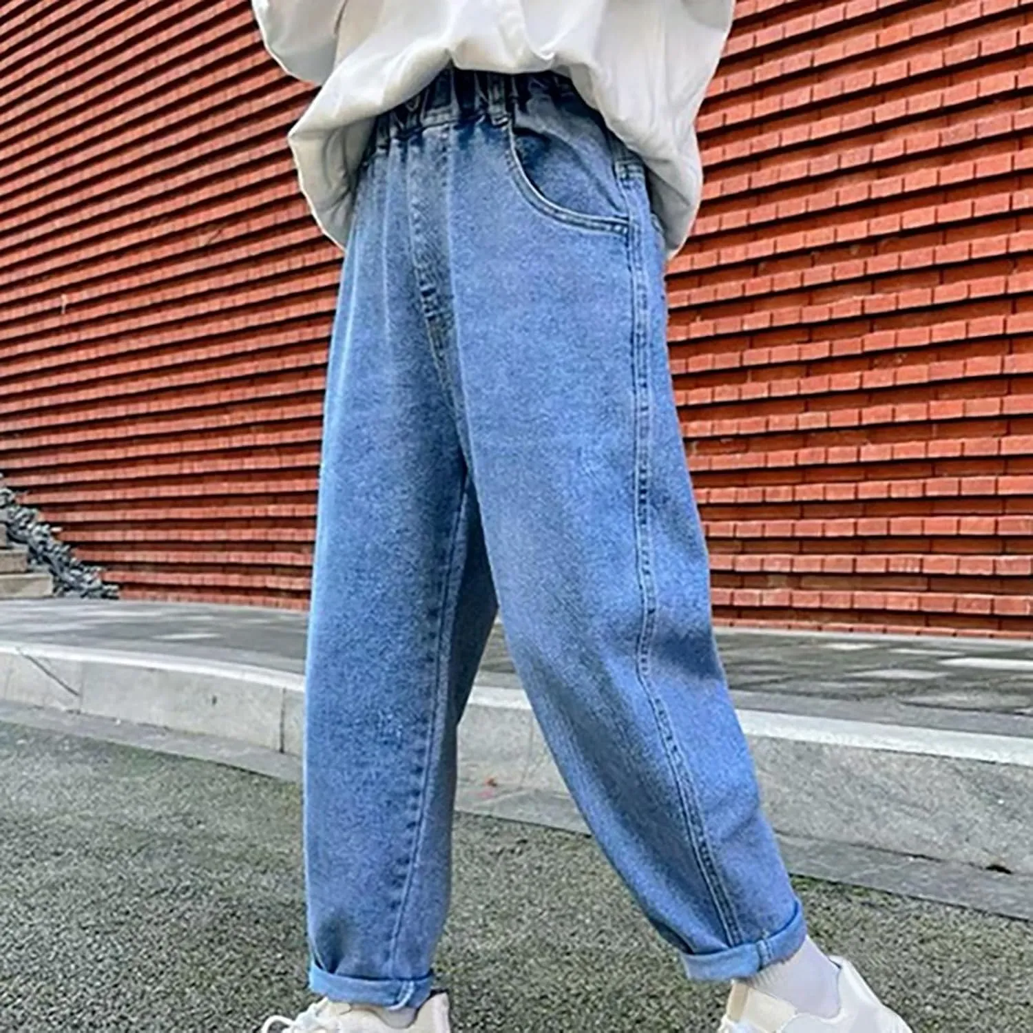Baggy Jeans Boys Elastic Waist Y2K Straight Leg Denim Pants Toddler Loose Jeans Trousers with Pockets Kids Streetwear 4-14T