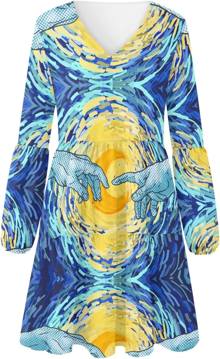 Bengbobar Women Floral Dress Funny Casual Long Puff Sleeve Summer V Neck Elegant Midi Flowy Pleated Party Swing Shift Dresses